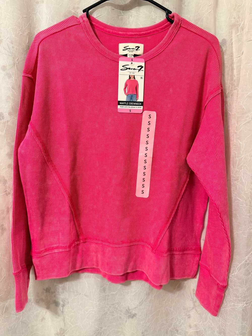 Seven7 Women's Bright Pink Waffle Crewneck Sweater